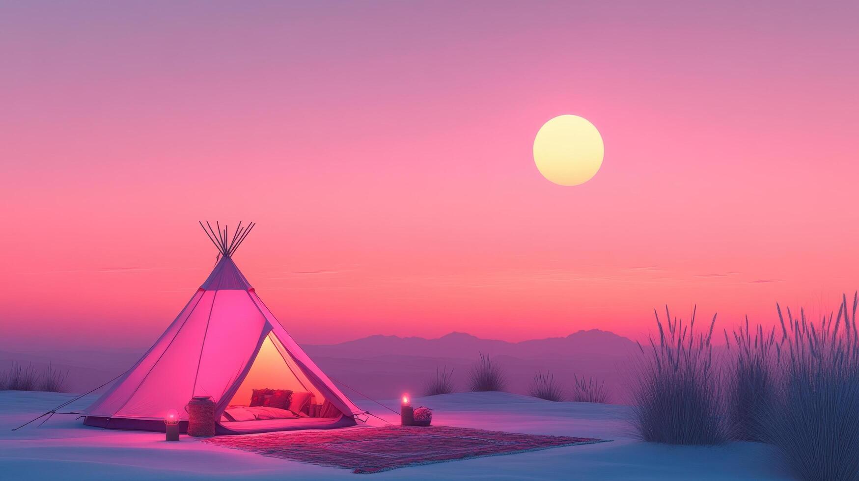 Tranquil Desert Sunset with Illuminated Tent and Rug in Soft Pink and Purple Hues photo