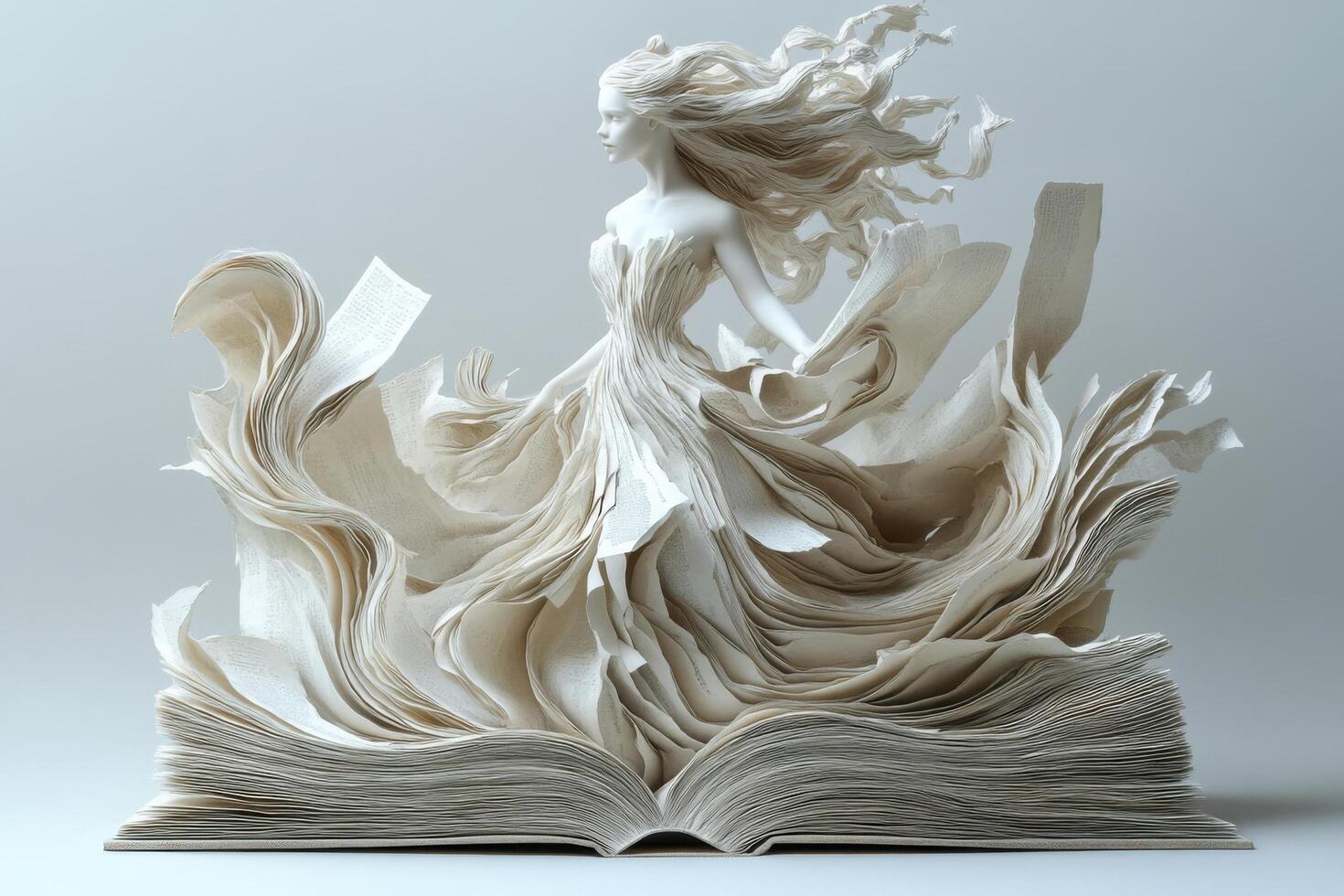 Elegant Paper Sculpture of a Woman Emerging from an Open Book with Flowing Pages and Artistic Details photo