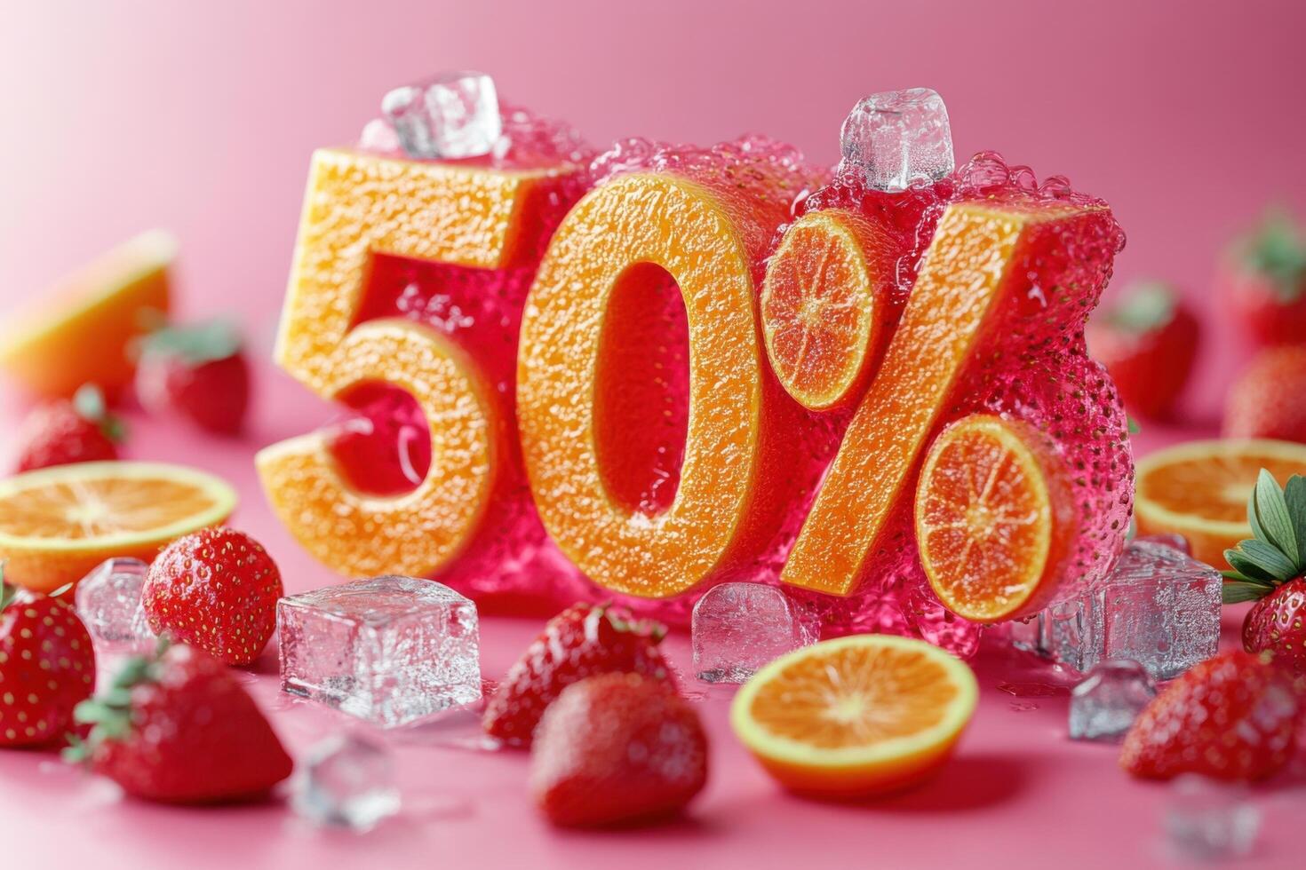 Bright and Refreshing 50 Discount Concept with Strawberries Oranges and Ice Cubes on a Pink Background photo