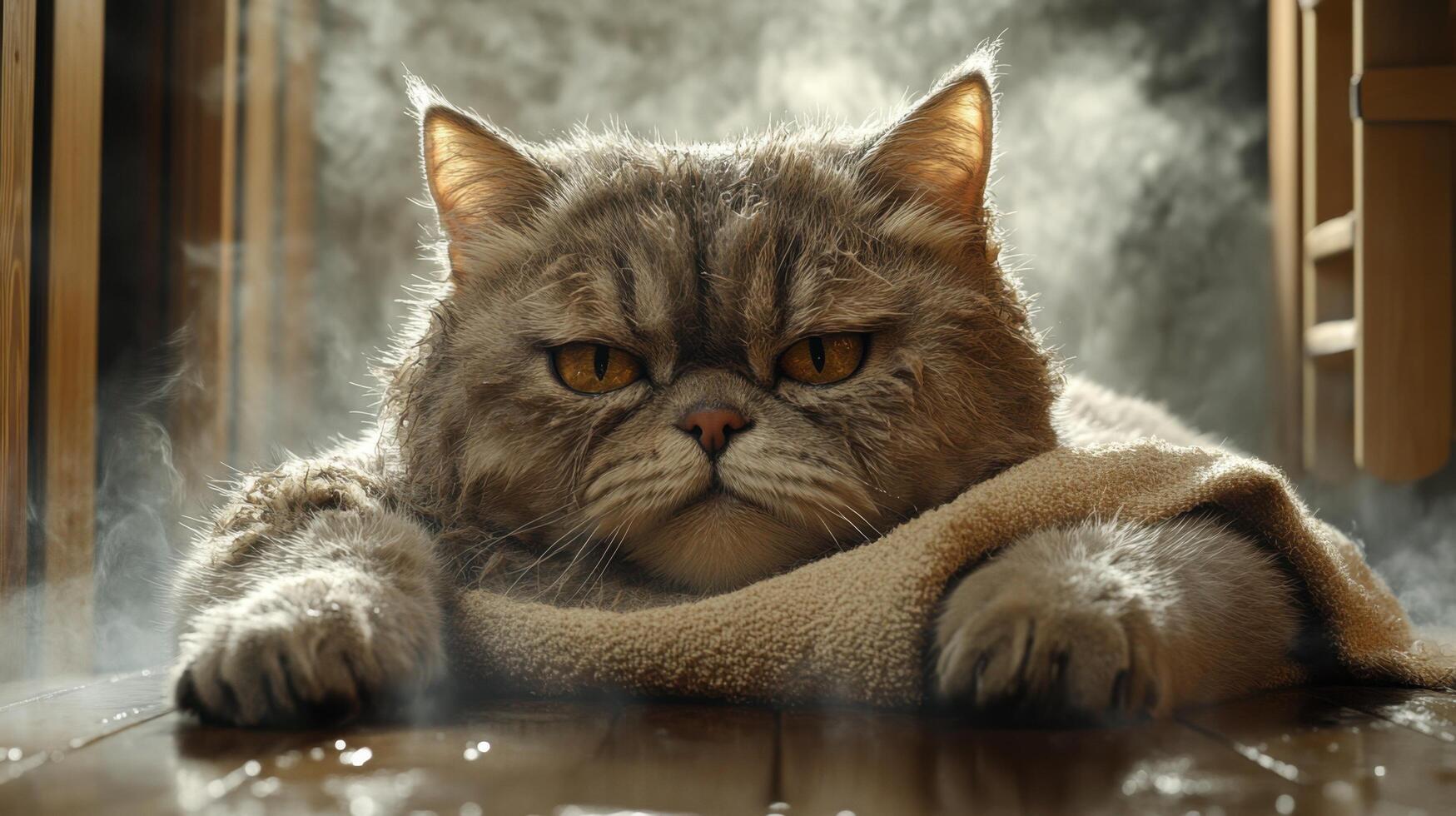 Fluffy Persian Cat Relaxing on a Warm Towel in a Cozy Sunlit Room with Steam in the Background photo