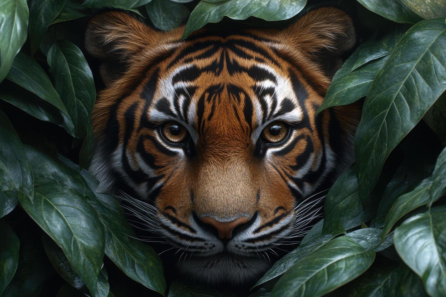 Majestic Tiger Peering Through Lush Green Foliage in Natural Habitat, Captivating Wildlife Close-Up photo