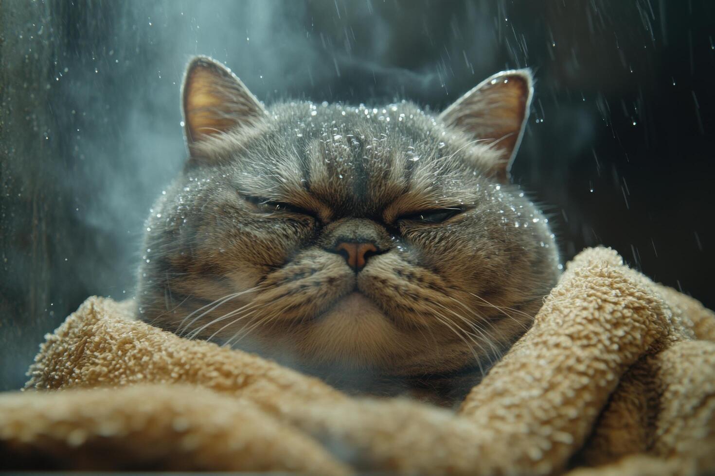 Cozy Cat Wrapped in Towel with Water Droplets on Fur, Relaxing in a Warm and Steamy Environment photo