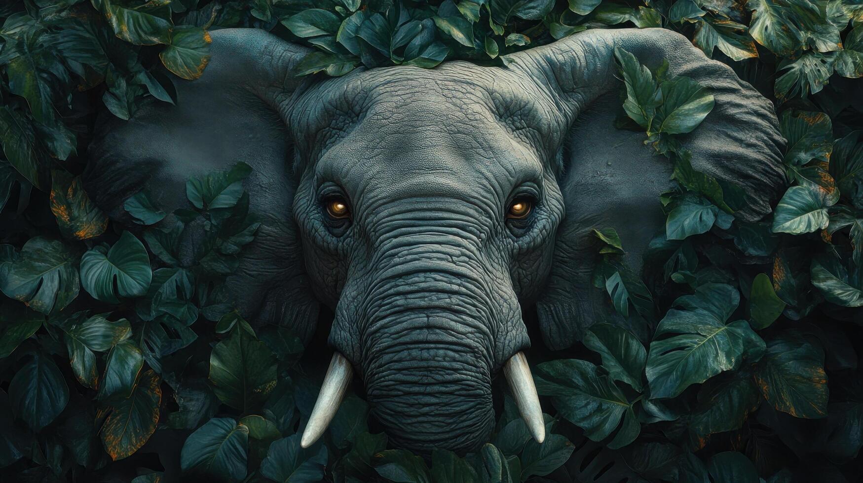 Majestic Elephant Hidden Among Lush Green Foliage in a Dense Jungle Setting photo