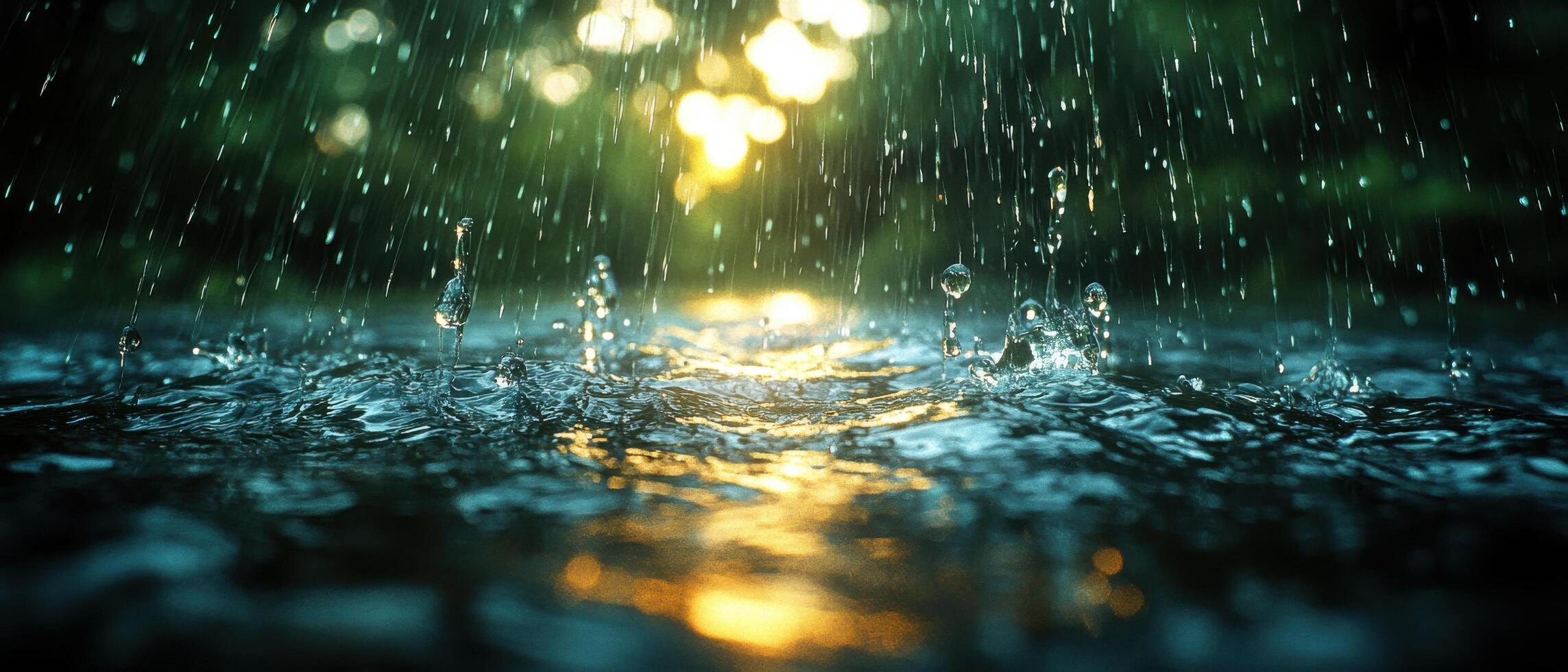 Close-up of Raindrops Splashing on Water Surface with Sunlight Reflections in a Lush Green Environment photo