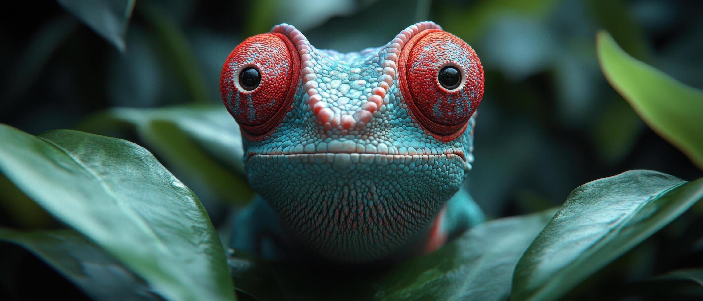 Close-up of a Colorful Chameleon with Vibrant Red Eyes on Green Leaves in a Tropical Forest photo