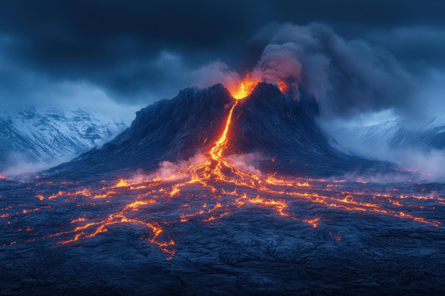 Majestic Volcanic Eruption with Flowing Lava and Smoke Against a Dramatic Sky in a Rugged Landscape photo