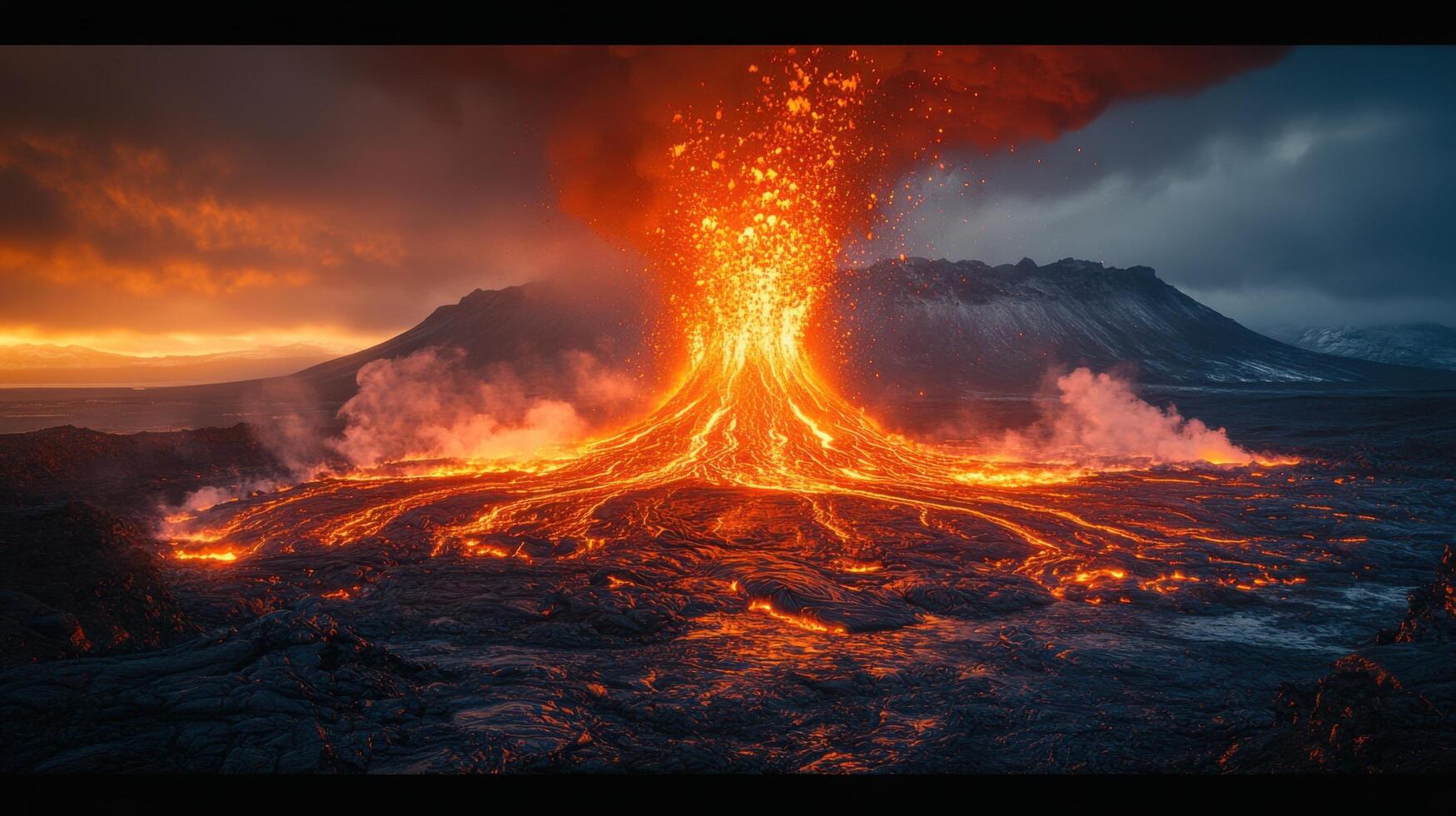 Stunning Eruption of an Active Volcano with Flowing Lava and Dramatic Sky at Sunset photo