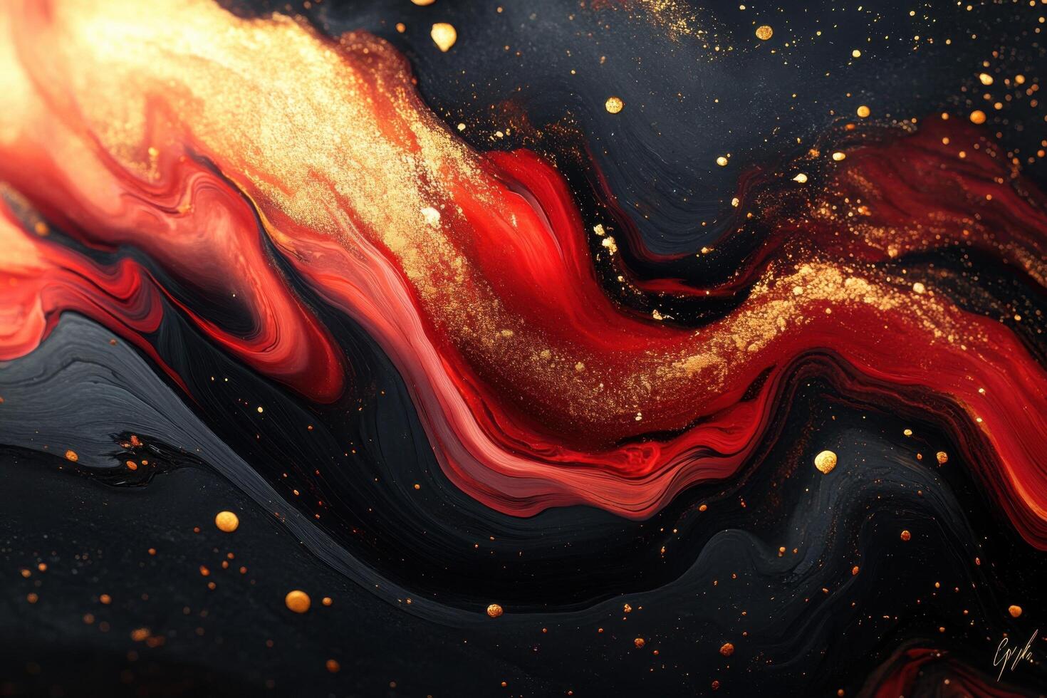 Abstract Fluid Art with Red, Black, and Gold Swirls and Glittering Accents photo