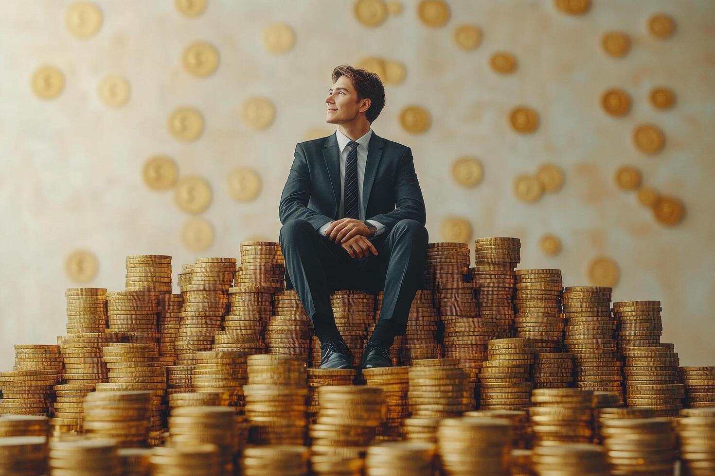 Businessman Sitting on Pile of Gold Coins in a Modern Office Setting Symbolizing Wealth and Success photo