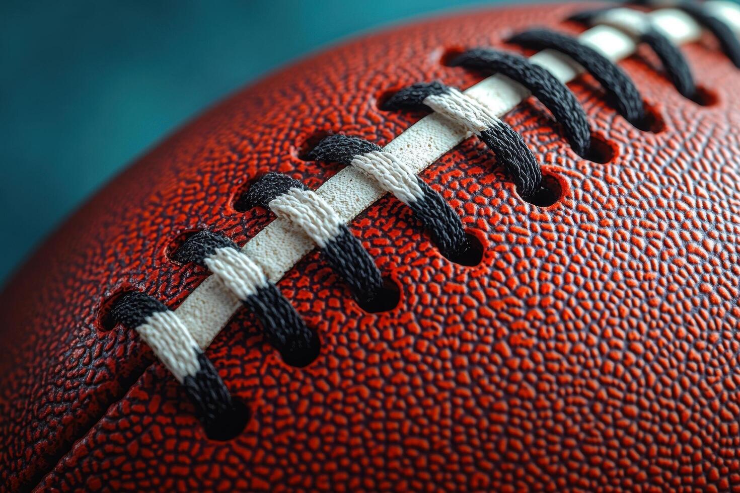 Close-Up of American Football with Detailed Texture and Laces on a Teal Background photo