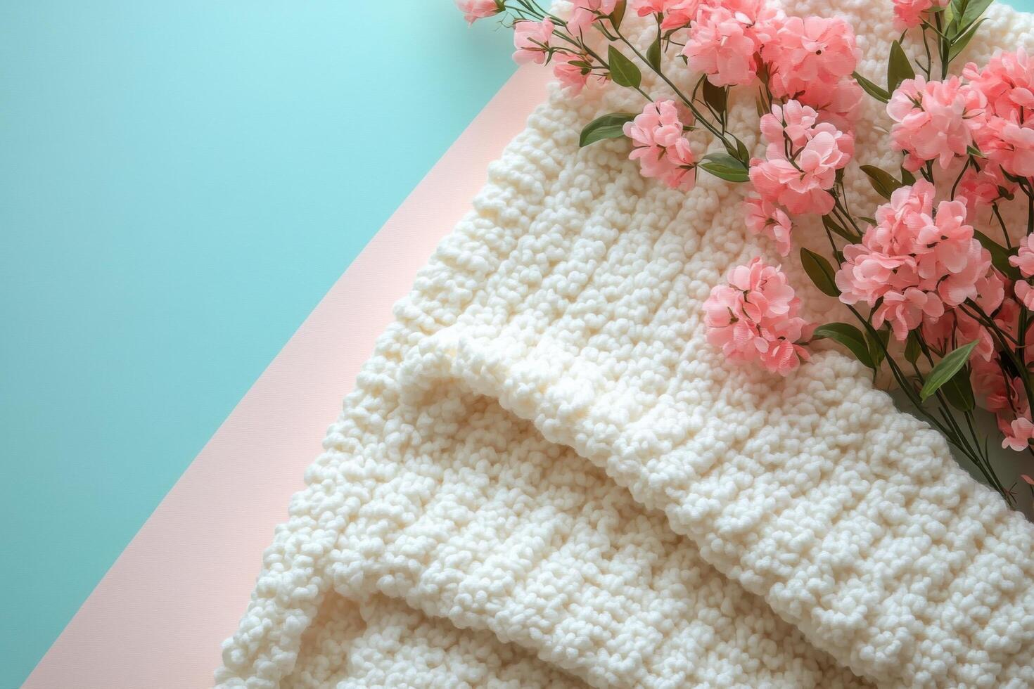 Cozy White Knitted Blanket with Pink Flowers on Pastel Background - Soft and Warm Home Decor photo