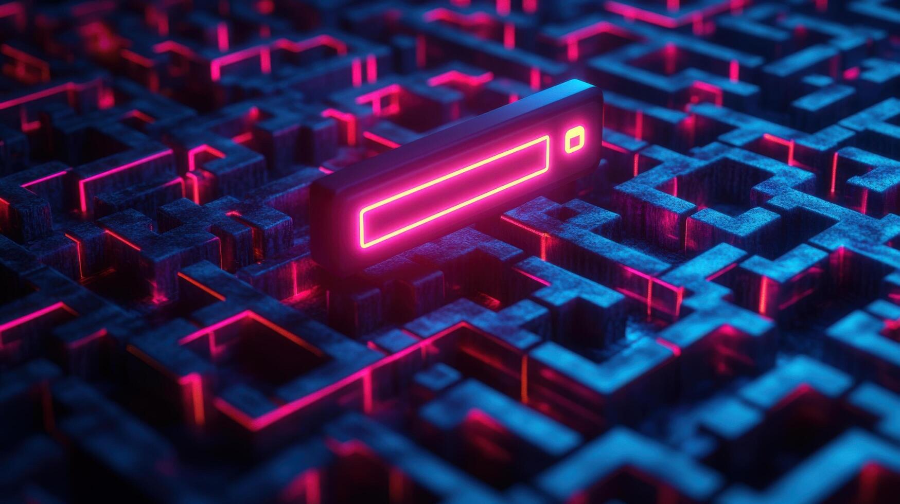 Futuristic Neon Maze with Glowing Pink and Blue Lights in a Dark Sci-Fi Environment photo
