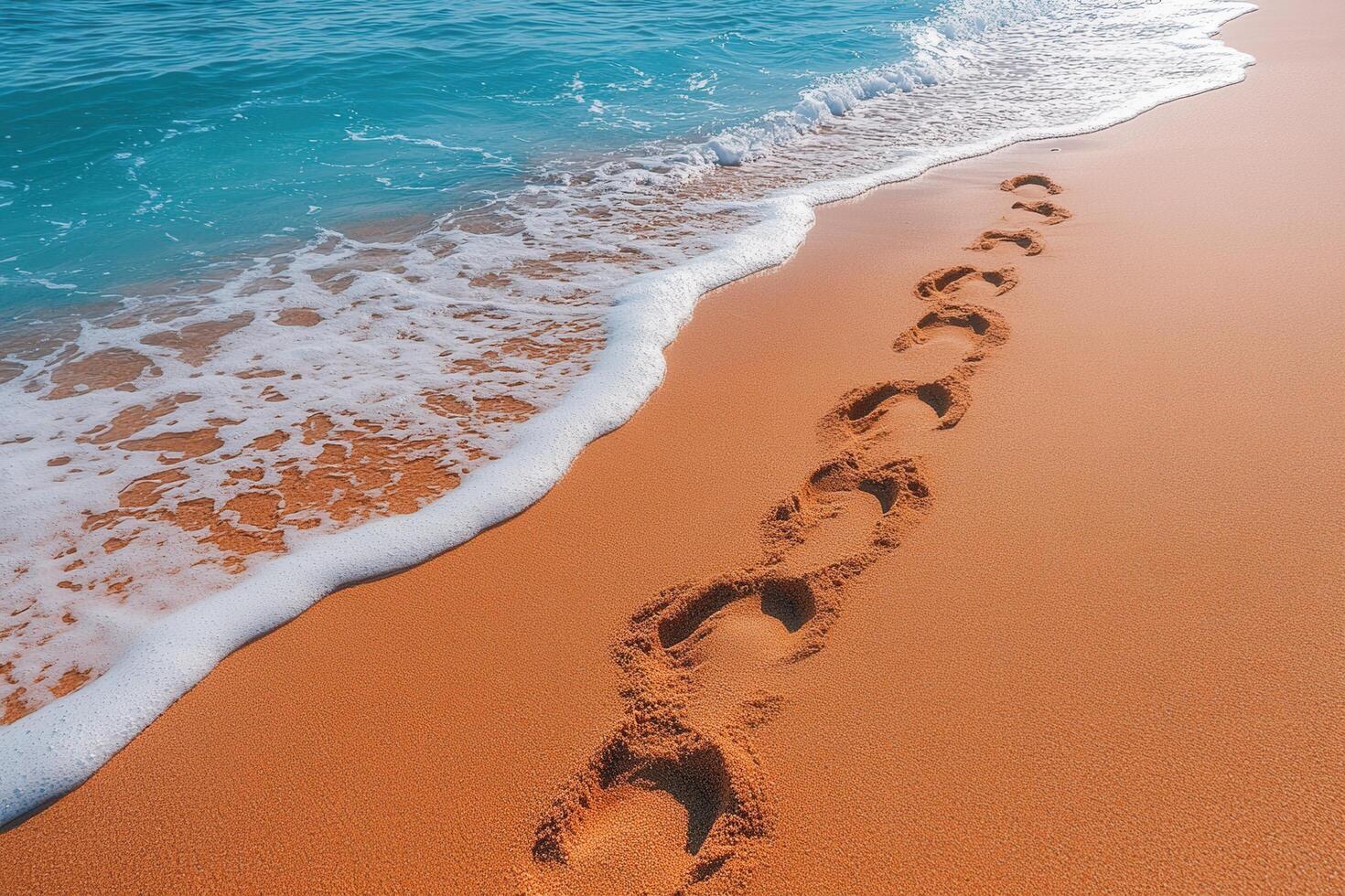 Footprints in the Sand Leading to the Ocean on a Sunny Beach Day with Clear Blue Water and Gentle Waves photo