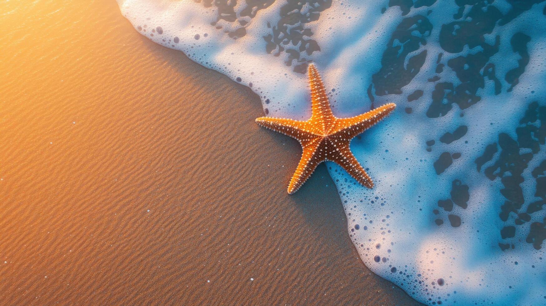 Starfish on Sandy Beach with Gentle Ocean Waves at Sunset photo