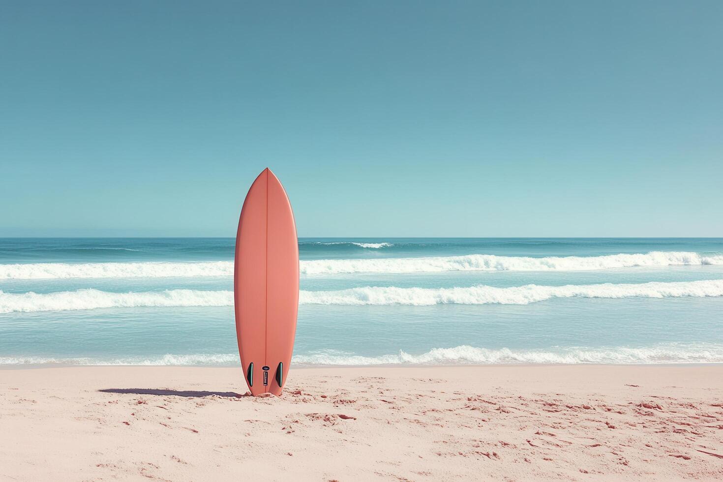 Vibrant Orange Surfboard Standing Upright on a Serene Sandy Beach with Gentle Ocean Waves in the Background photo