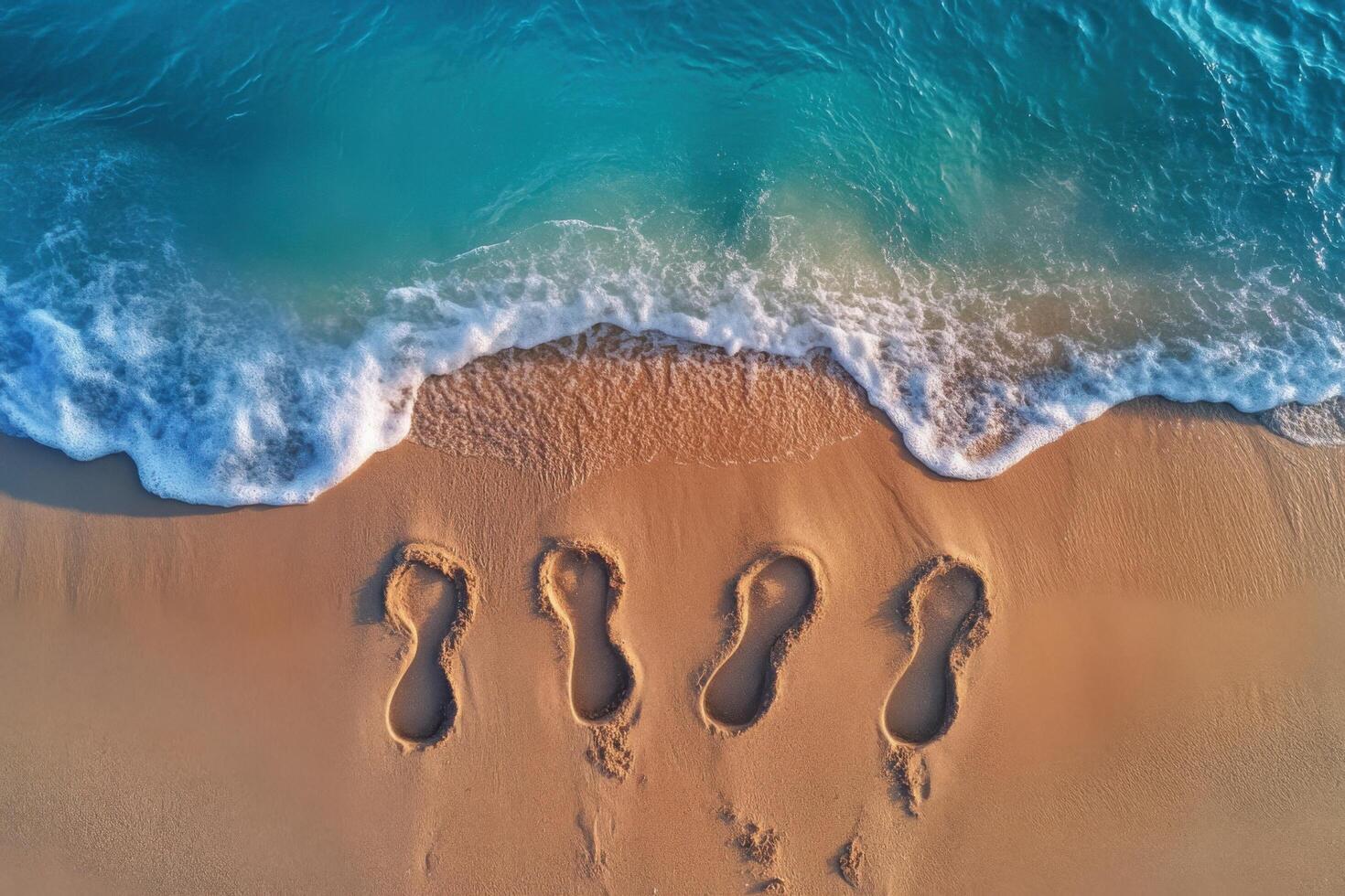 Footprints in the Sand by the Ocean Shore with Turquoise Waves Crashing on a Sunny Day photo