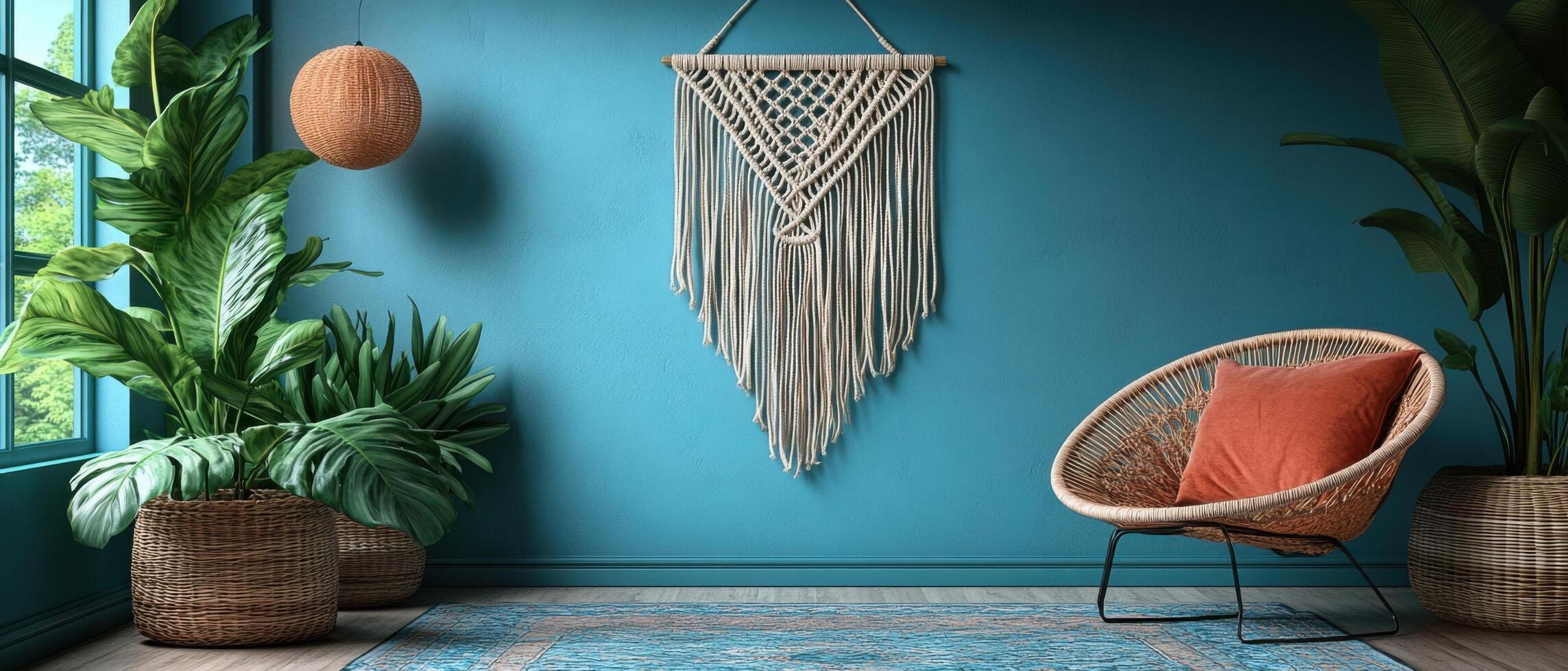 Cozy Modern Living Room with Bohemian Decor, Wicker Chair, Macrame Wall Hanging, and Indoor Plants photo