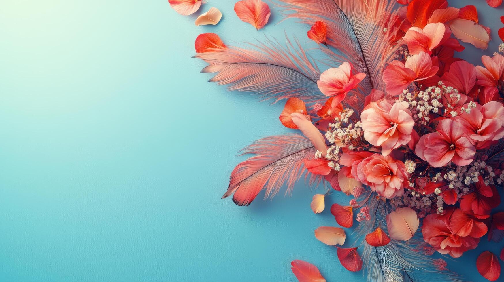Vibrant Floral Arrangement with Red and Pink Flowers and Feathers on a Light Blue Background photo