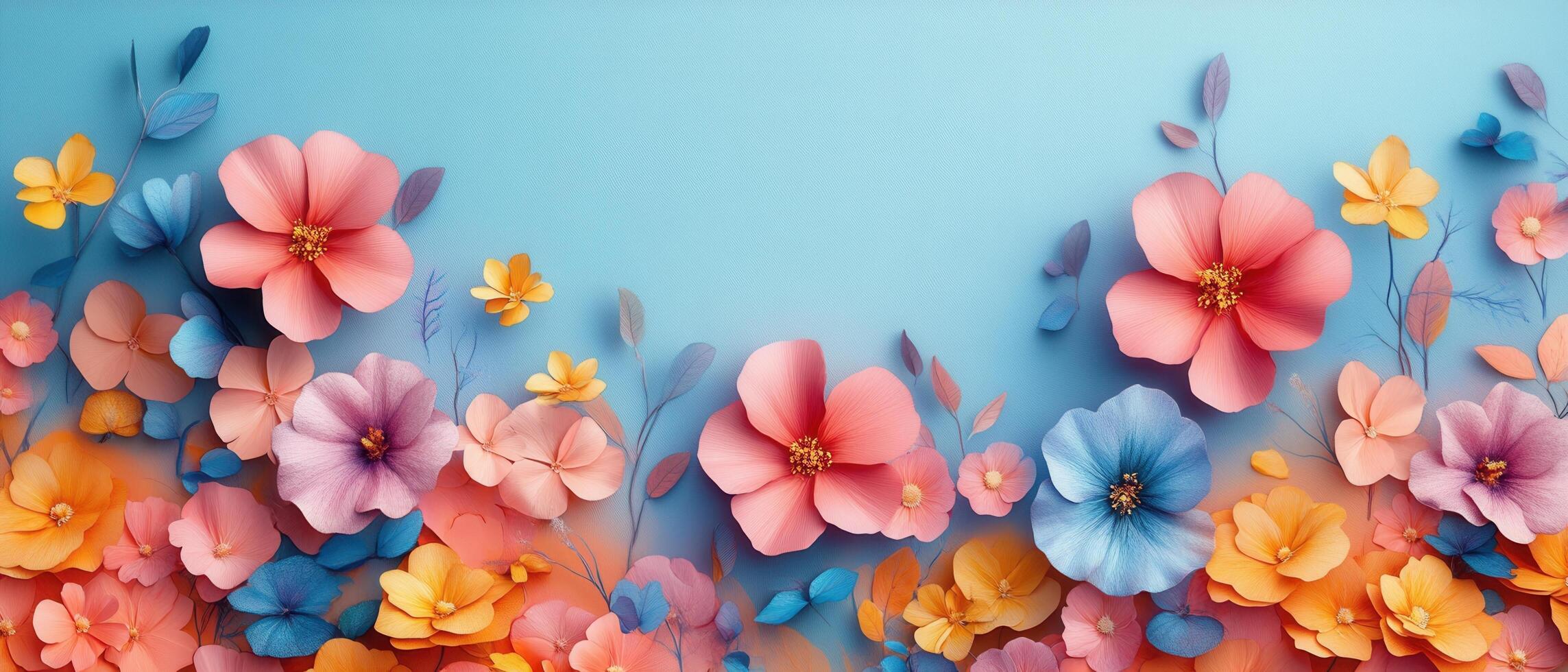 Vibrant Paper Flower Arrangement on Blue Background - Colorful Floral Art with Pink, Orange, and Blue Flowers photo