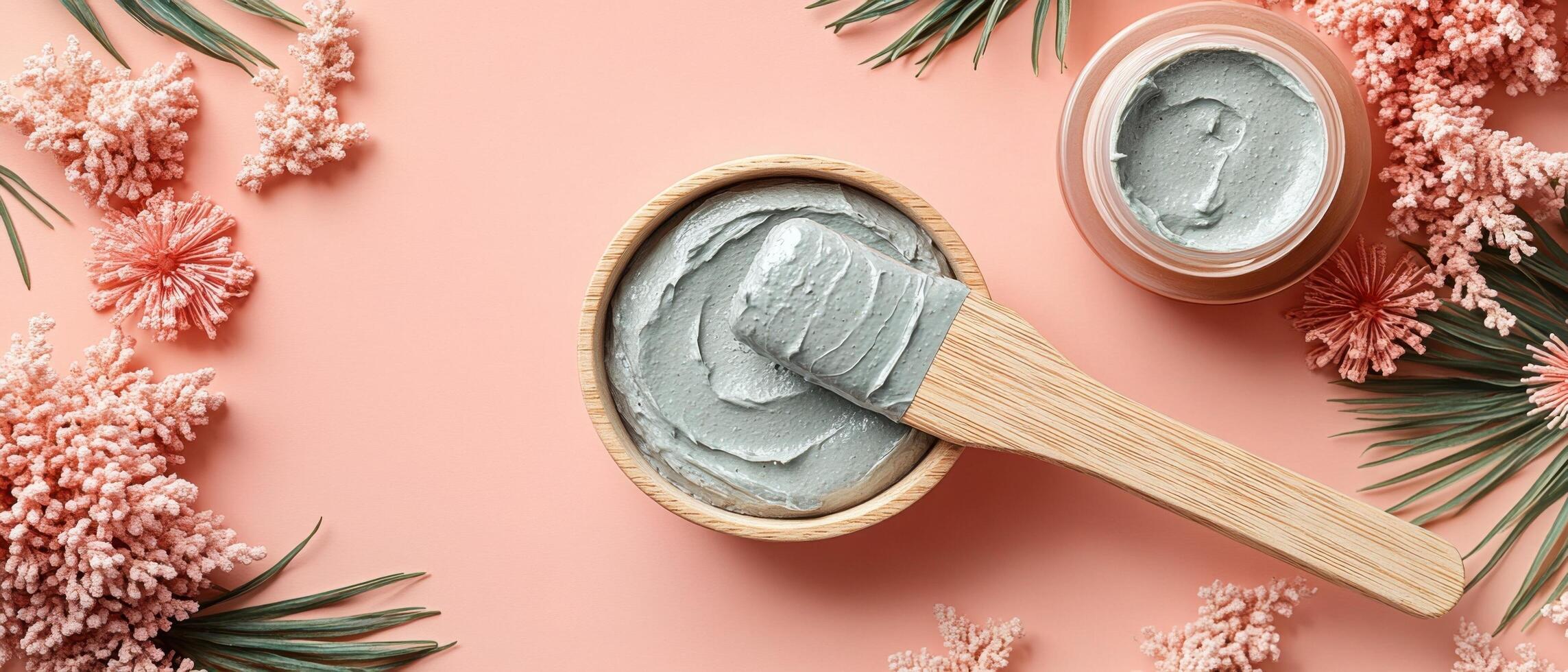 Natural Clay Face Mask with Wooden Applicator and Pink Floral Decorations on Peach Background photo