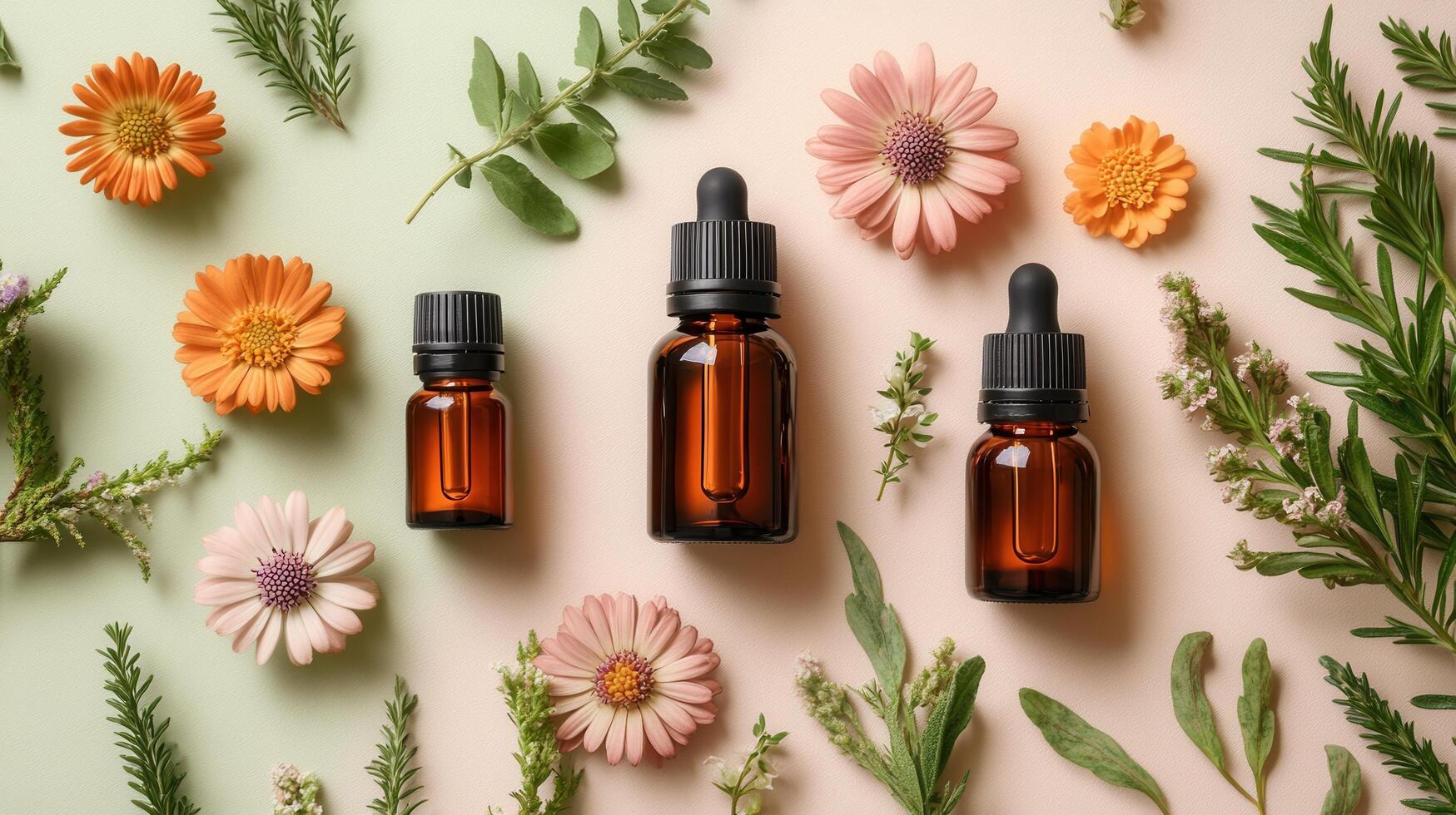 Essential Oil Bottles with Fresh Herbs and Flowers on Pastel Background - Aromatherapy and Natural Wellness Concept photo