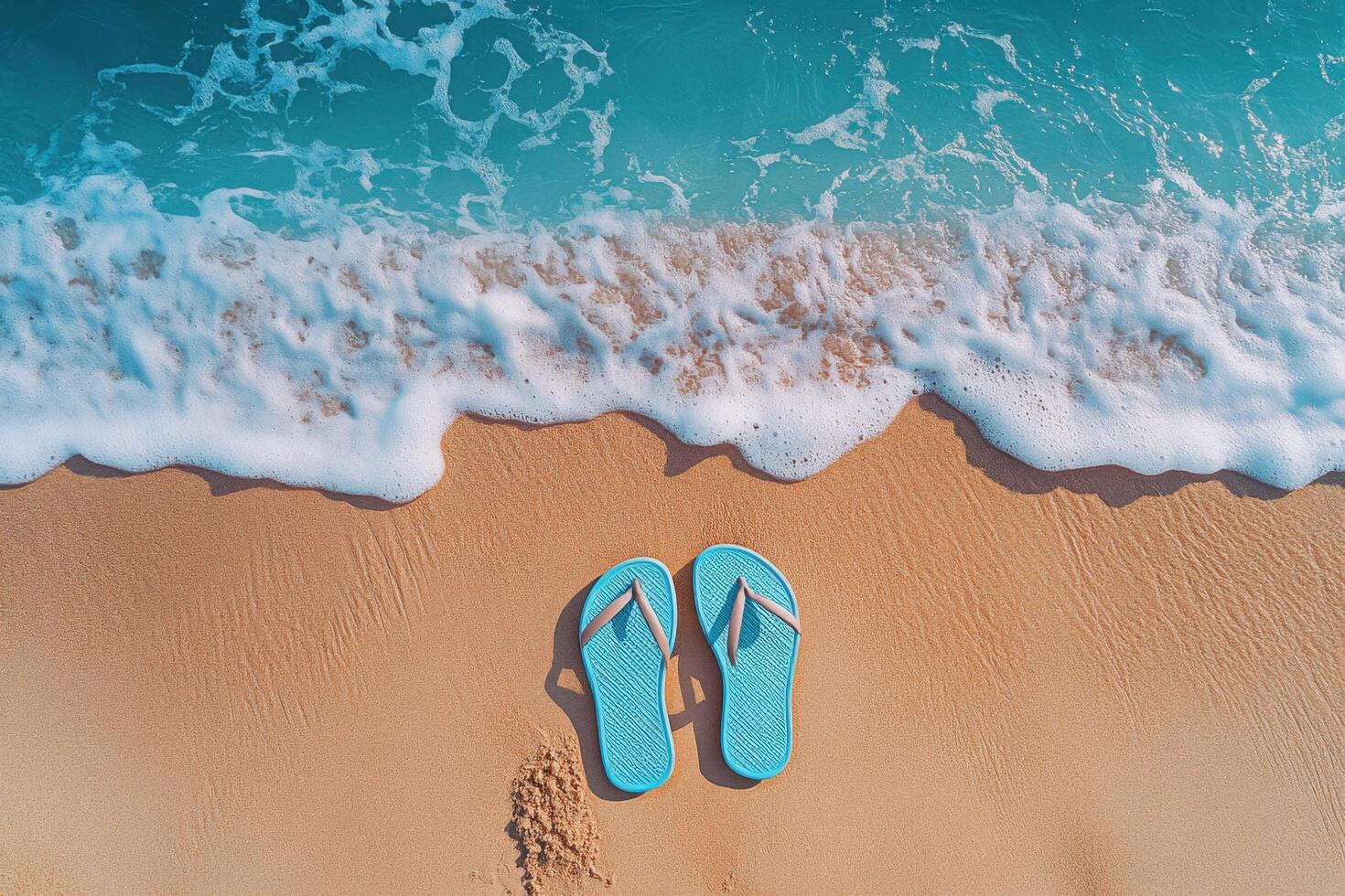 Pair of Blue Flip-Flops on Sandy Beach with Gentle Ocean Waves in Background photo