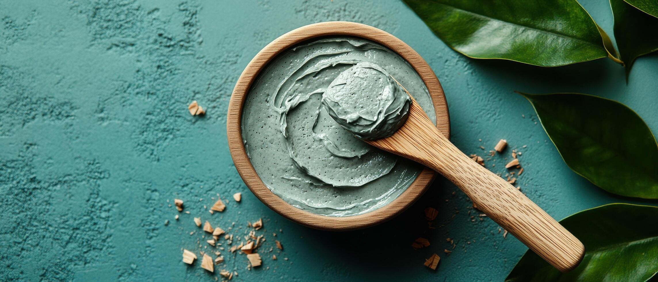 Natural Green Clay Face Mask in Wooden Bowl with Wooden Spoon on Green Background with Leaves photo