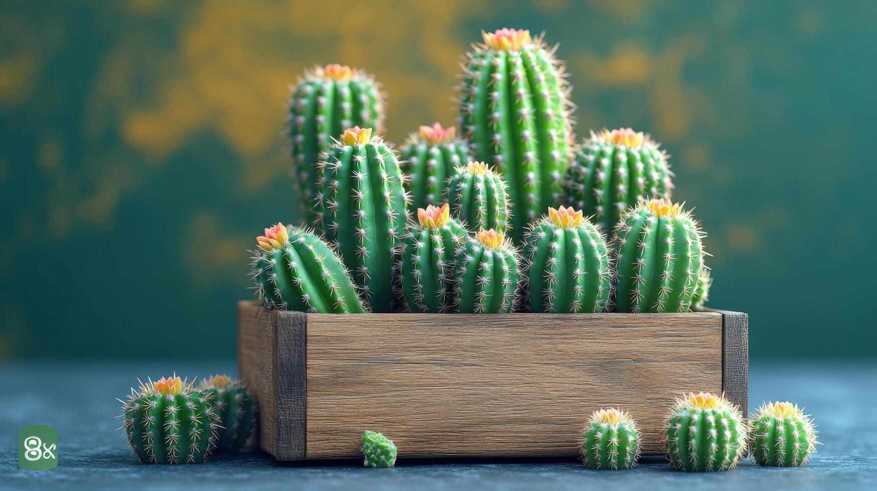 Vibrant Green Cacti in Wooden Box Against Colorful Background with Yellow and Green Hues photo