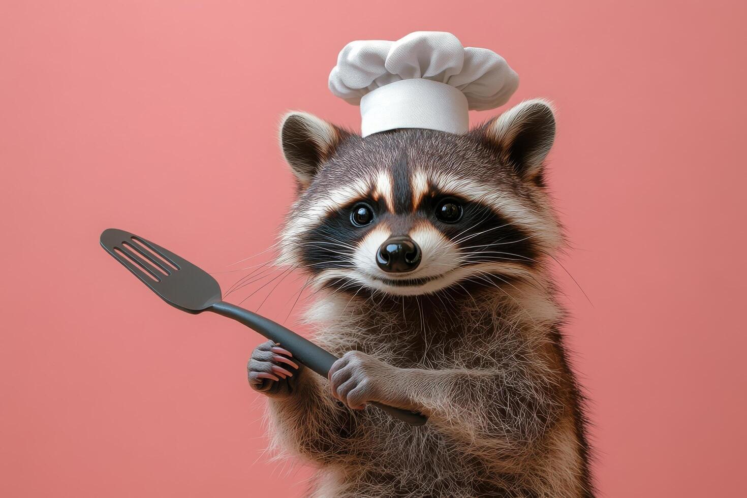 Adorable Raccoon Chef Holding Spatula Against Pink Background - Cute Animal Cooking Concept photo