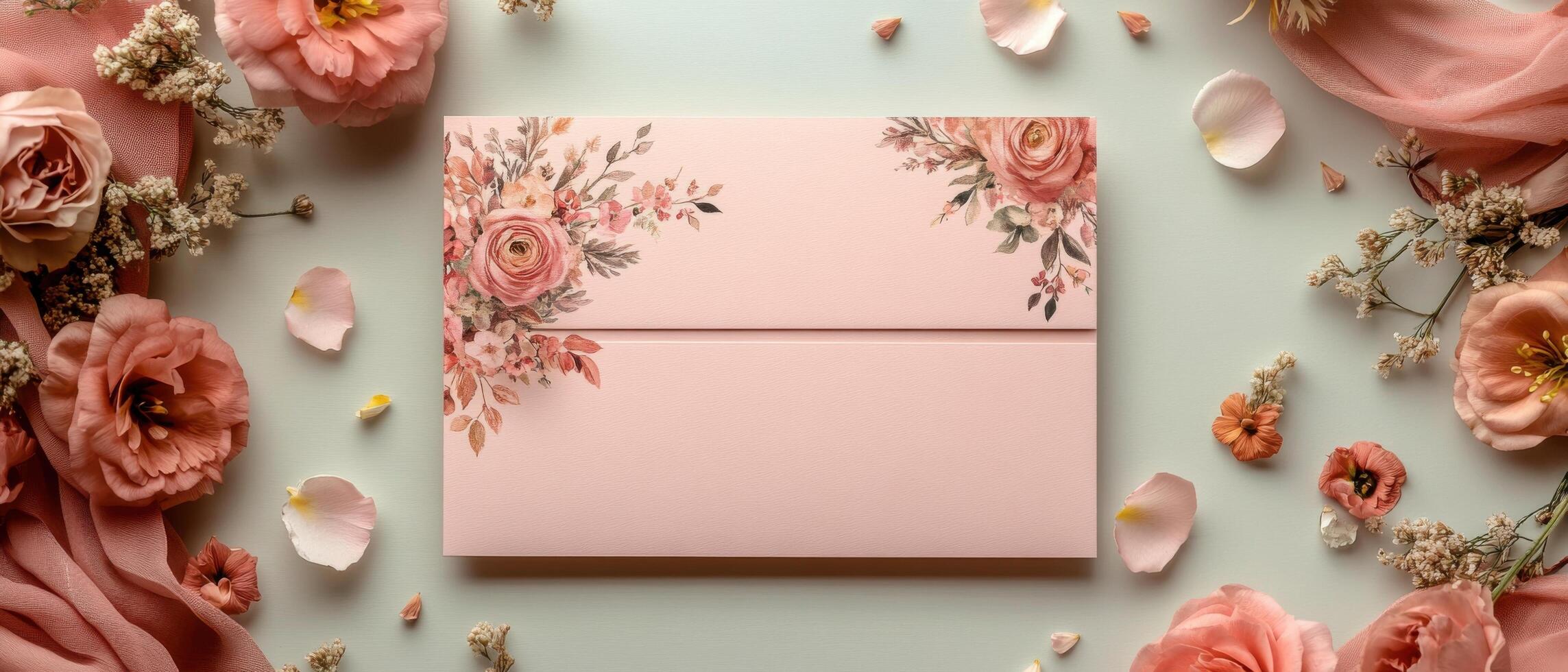 Elegant Floral Wedding Invitation with Pink and Peach Flowers on Pastel Background photo