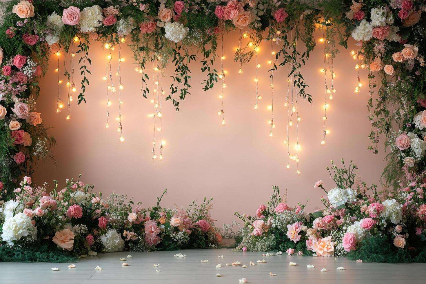 Elegant Floral Backdrop with Hanging Lights for Weddings, Events, and Celebrations photo