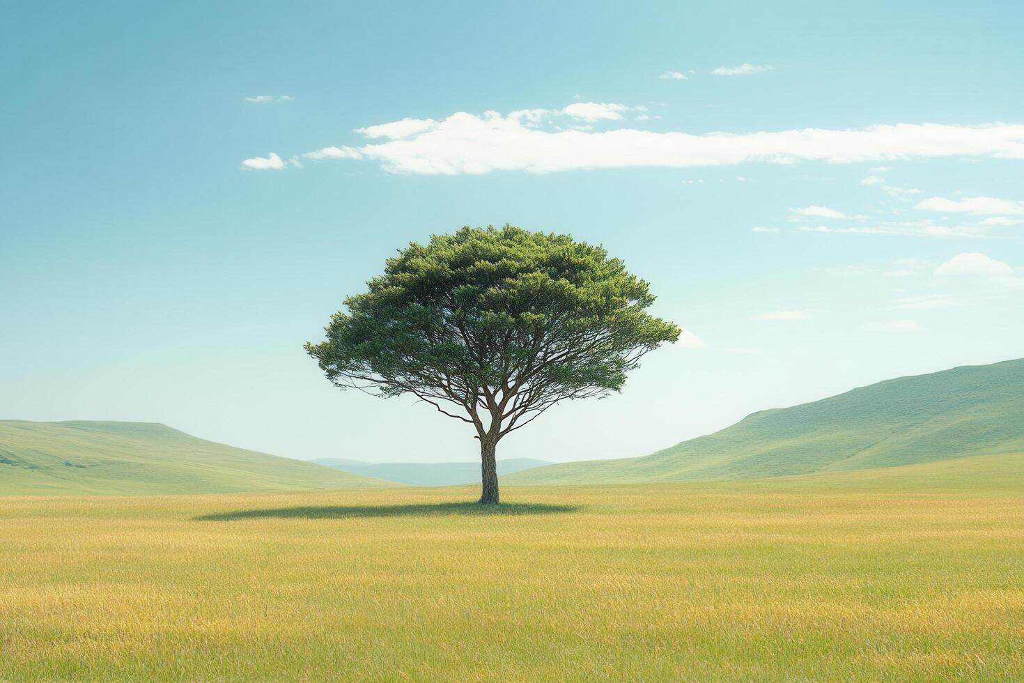 Solitary Tree in a Vast Green Field Under a Clear Blue Sky with Rolling Hills in the Background photo
