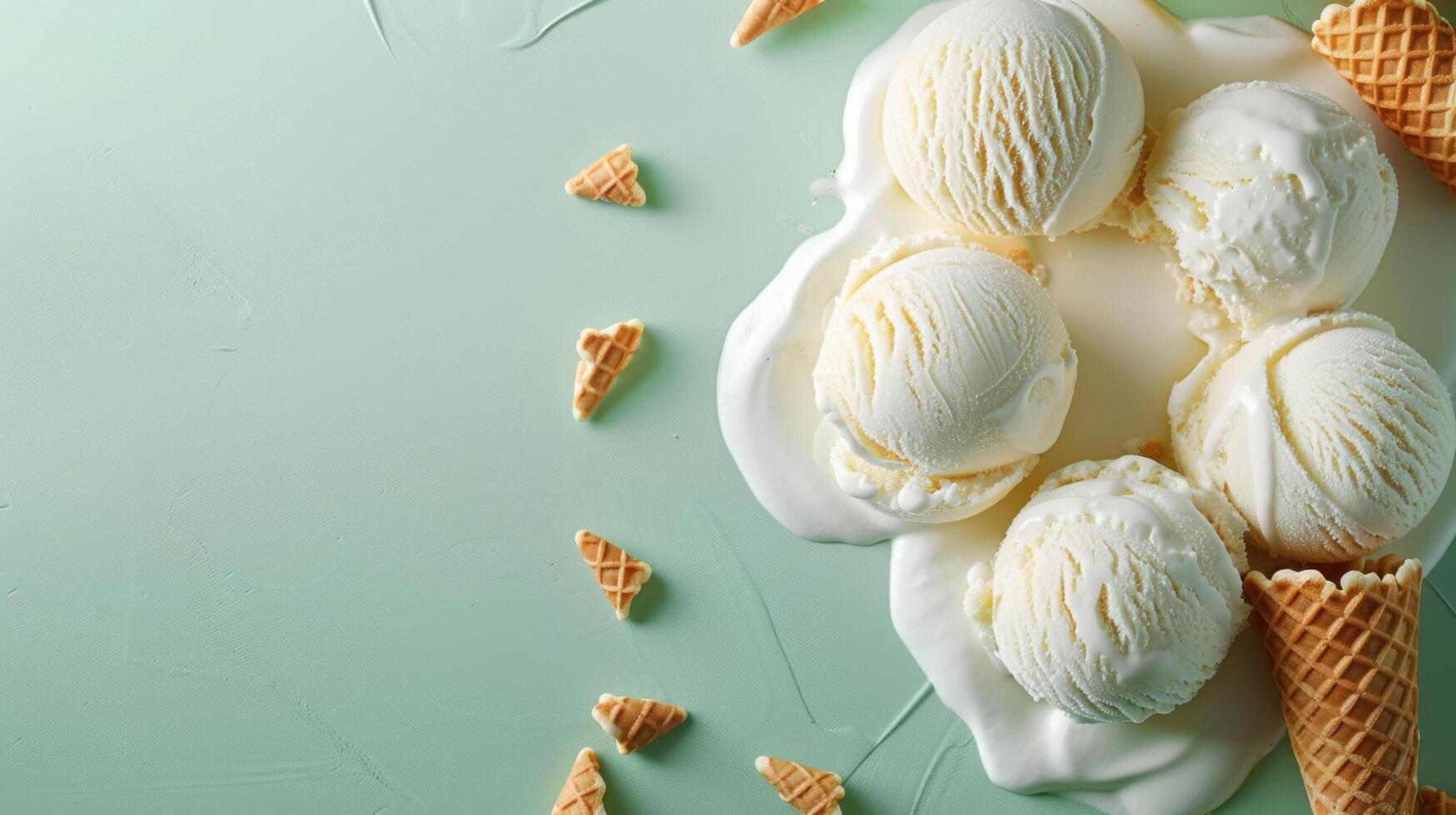 Delicious Vanilla Ice Cream Scoops with Waffle Cones on Light Green Background photo