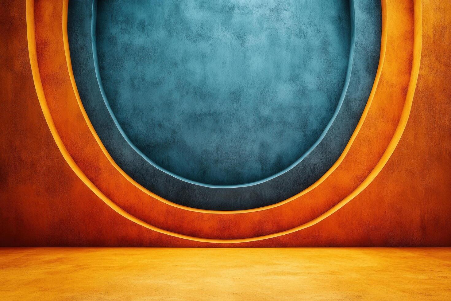 Abstract Modern Art with Vibrant Orange and Blue Circular Patterns on Textured Wall photo