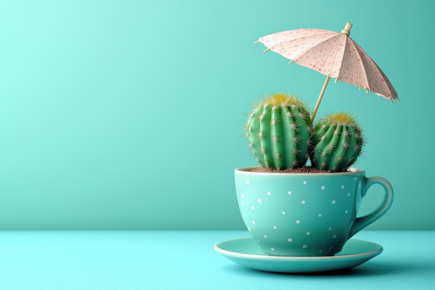 Cute Cactus in Polka Dot Teacup with Miniature Umbrella on Turquoise Background - Whimsical Indoor Plant Decor photo