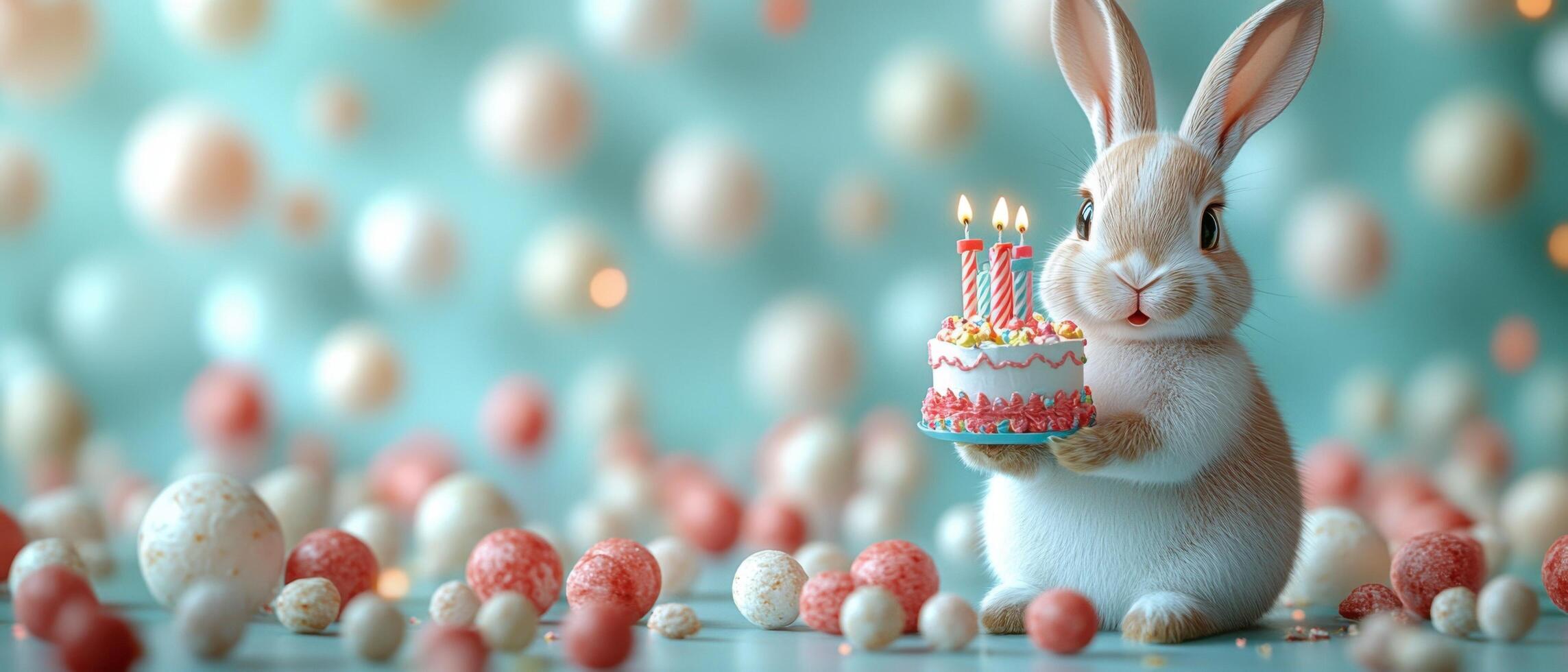 Adorable Bunny Holding Birthday Cake with Candles in Festive Background photo