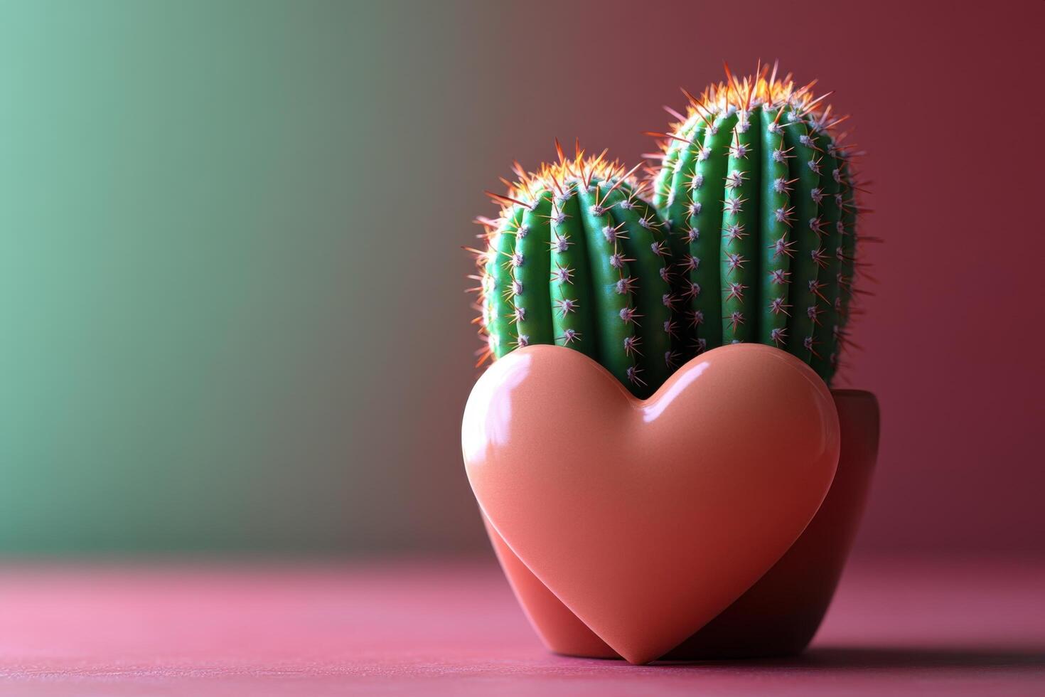 Heart-Shaped Pot with Two Green Cacti on Gradient Background - Symbol of Love and Nature photo