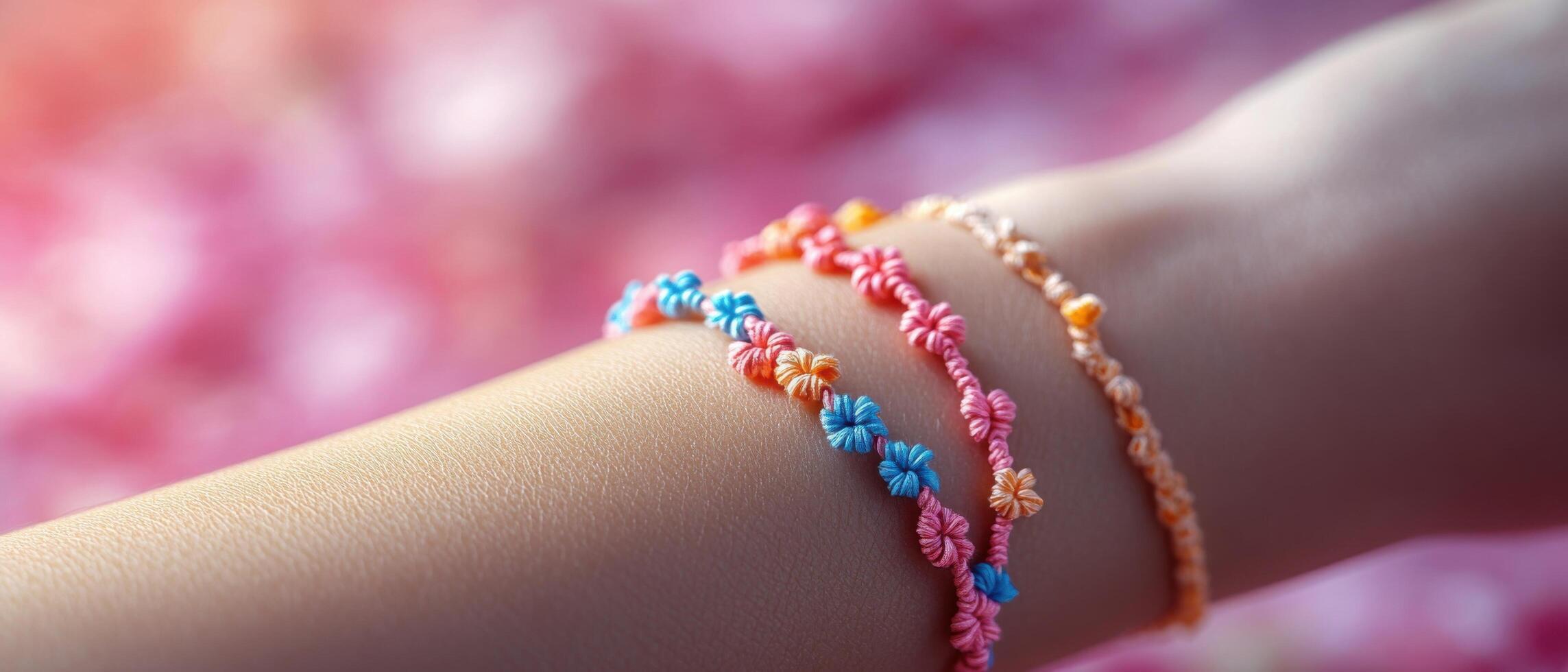 Colorful Handmade Friendship Bracelets on Wrist Against Blurred Pink Background photo