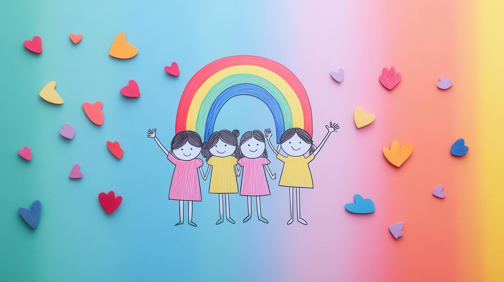 Colorful Illustration of Happy Children Under a Rainbow with Heart Shapes on a Vibrant Gradient Background photo