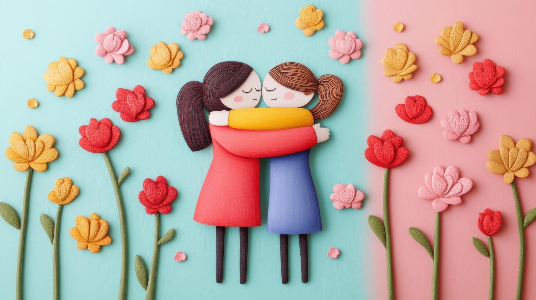 Colorful Clay Art of Two Girls Hugging Surrounded by Flowers on a Pastel Background photo
