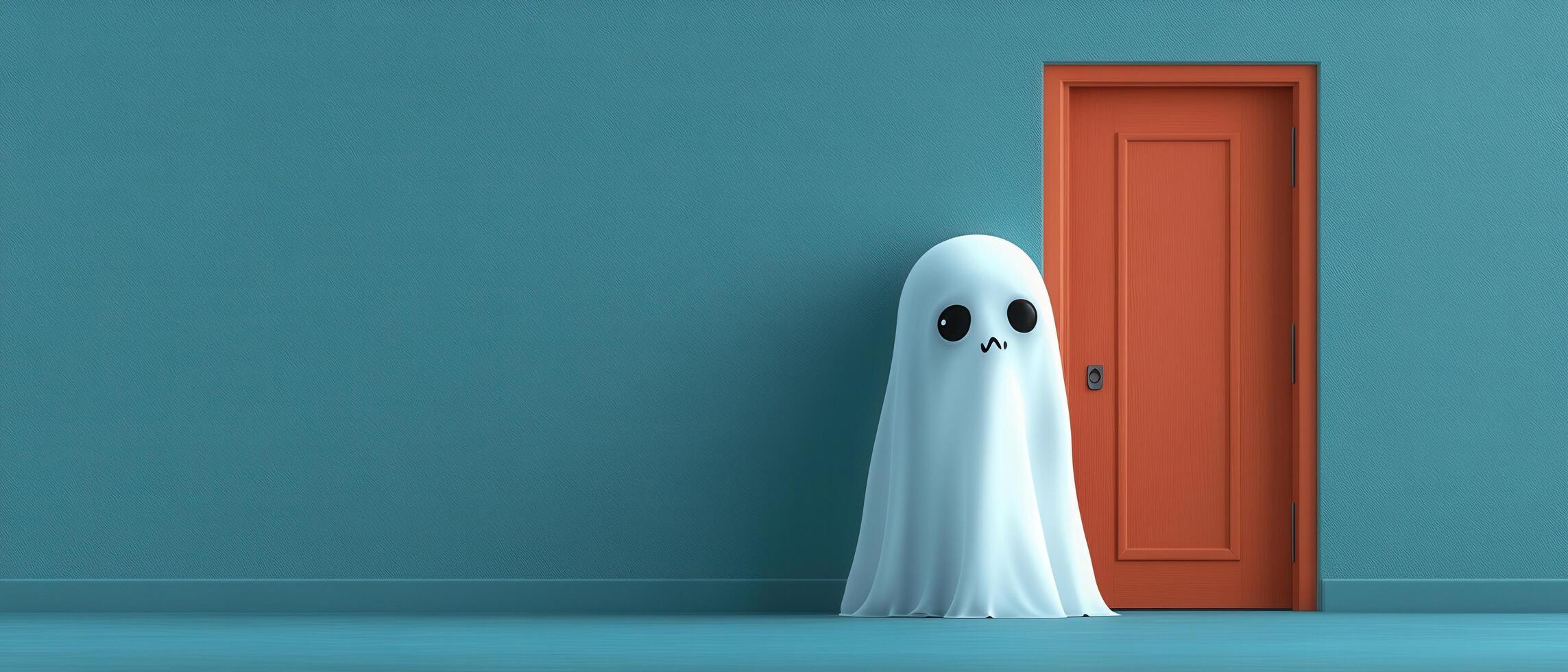 Cute Ghost in White Sheet Standing by Orange Door Against Teal Wall in Minimalist Room photo