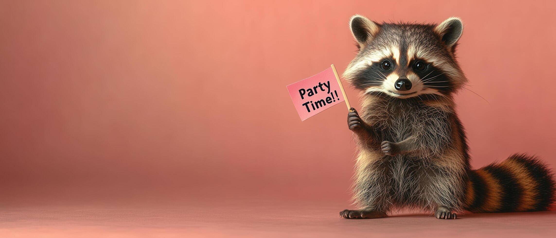 Cute Raccoon Holding Party Time Sign on Pink Background - Fun and Adorable Animal Celebration Concept photo