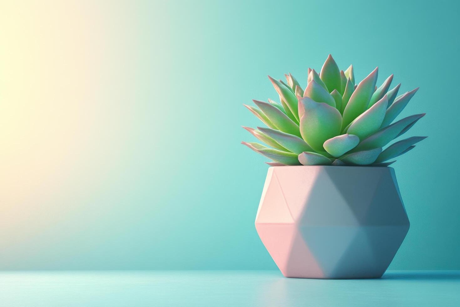 Geometric White Planter with Green Succulent on a Gradient Turquoise Background in Soft Light photo