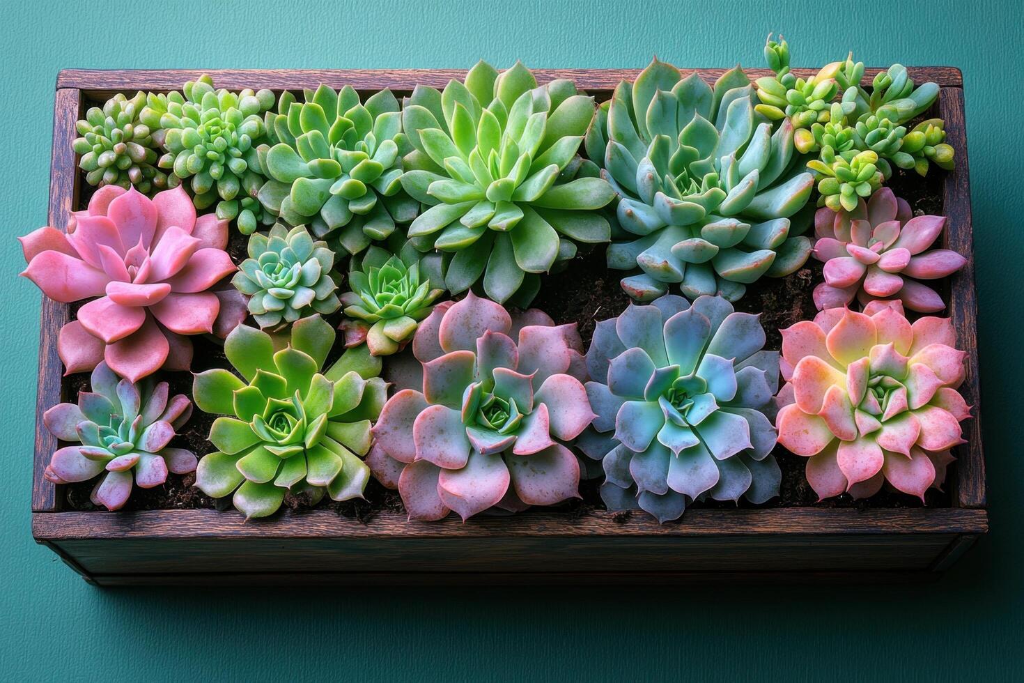 Colorful Succulent Plants in Wooden Box Against Green Background - Vibrant and Diverse Collection of Succulents photo