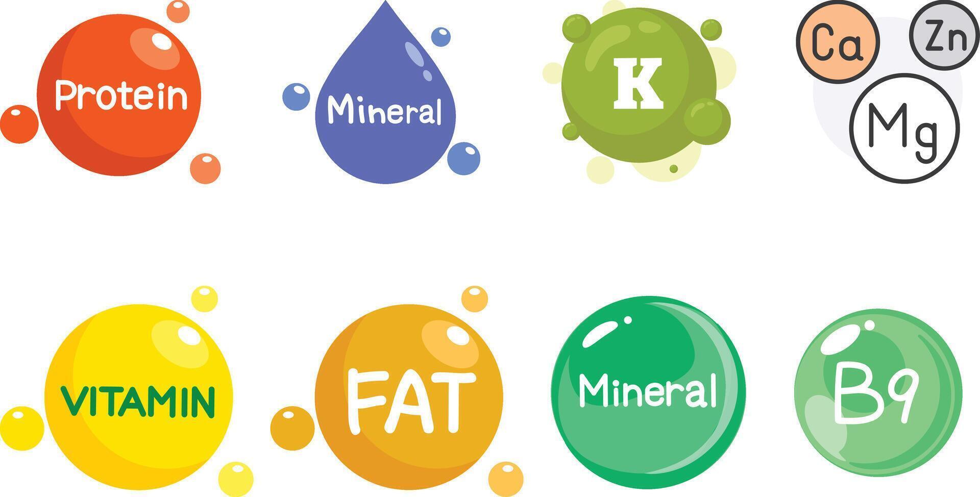 Vitamins and minerals flat icons set design vector