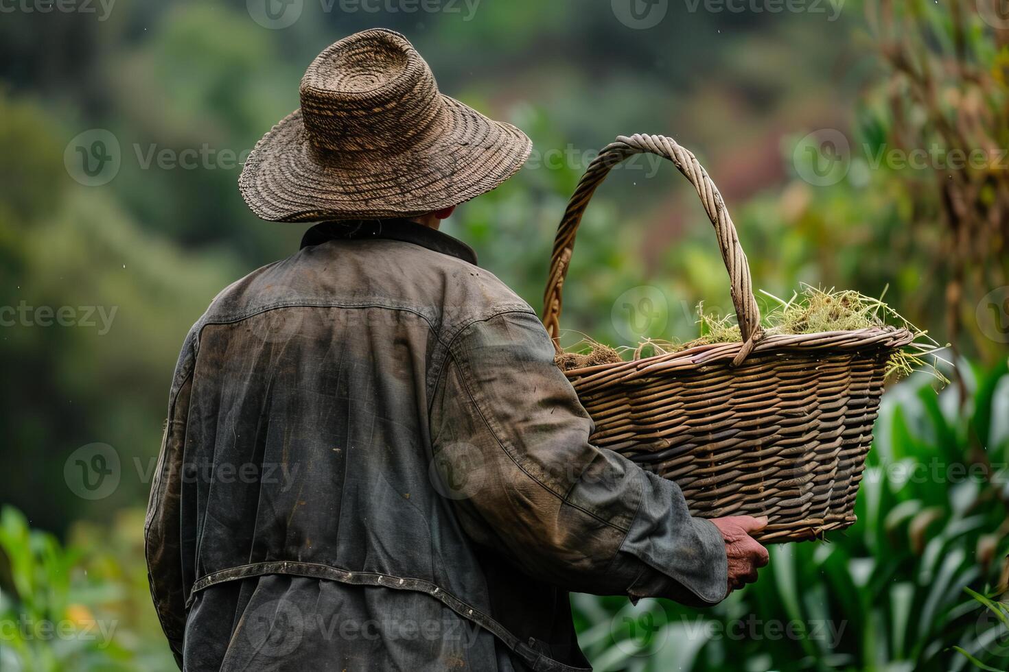 Farmer holding basket in countryside photo