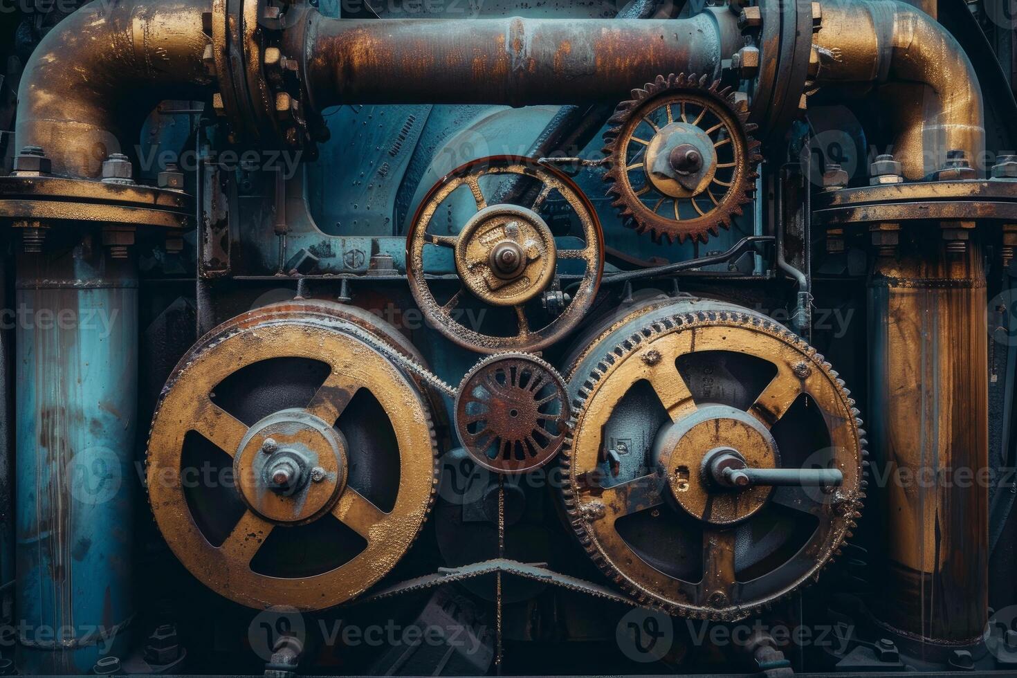 Detailed view of aged industrial machine gears and pipes with a retro look photo