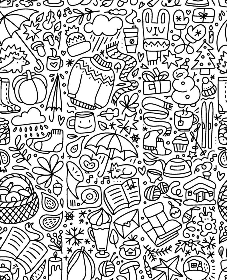 Doodle seamless pattern of hygge elements. Autumn and winter cozy things. Background for posters, prints, textiles, wrappers, wallpapers, surface design. Linear hand drawn illustration. vector