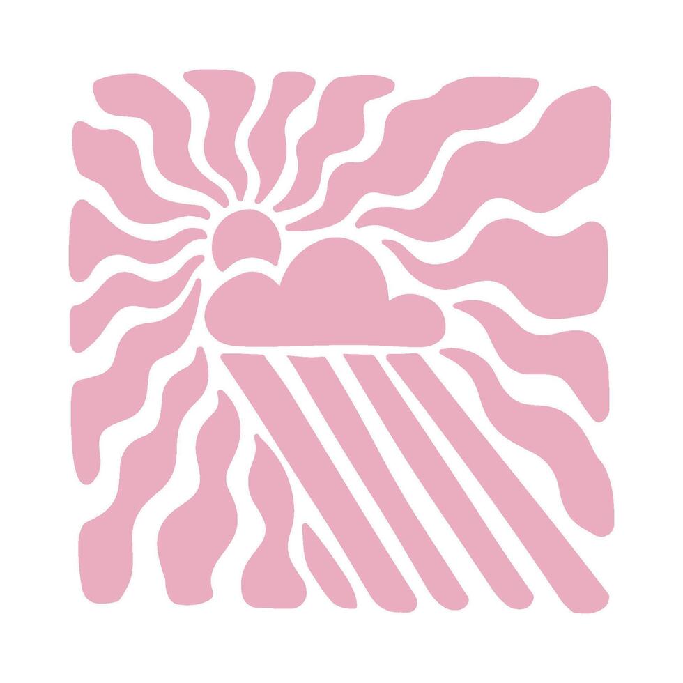 Rainy cloud with sun with wavy rays background in warm retro autumn colors. Groovy hippie backdrop vector
