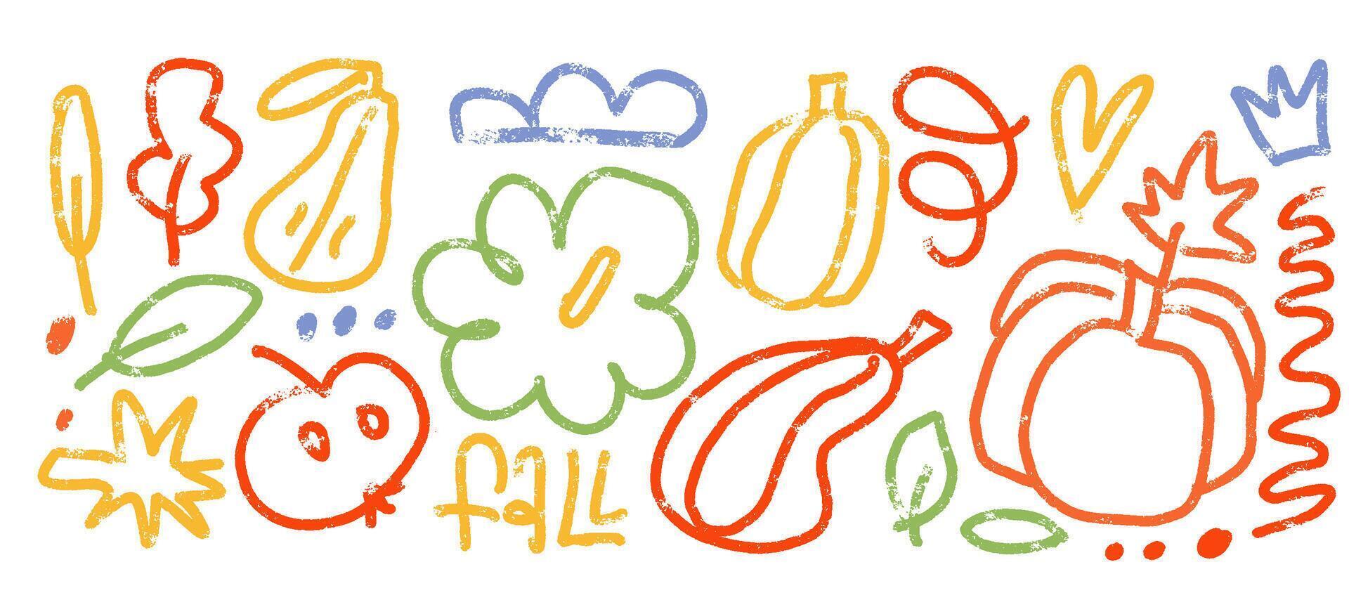 Crayon scribble texture autumn elements set with mushroom, stars, apples, pumpkin, oak leaves. textured childish illustration for fall season. vector